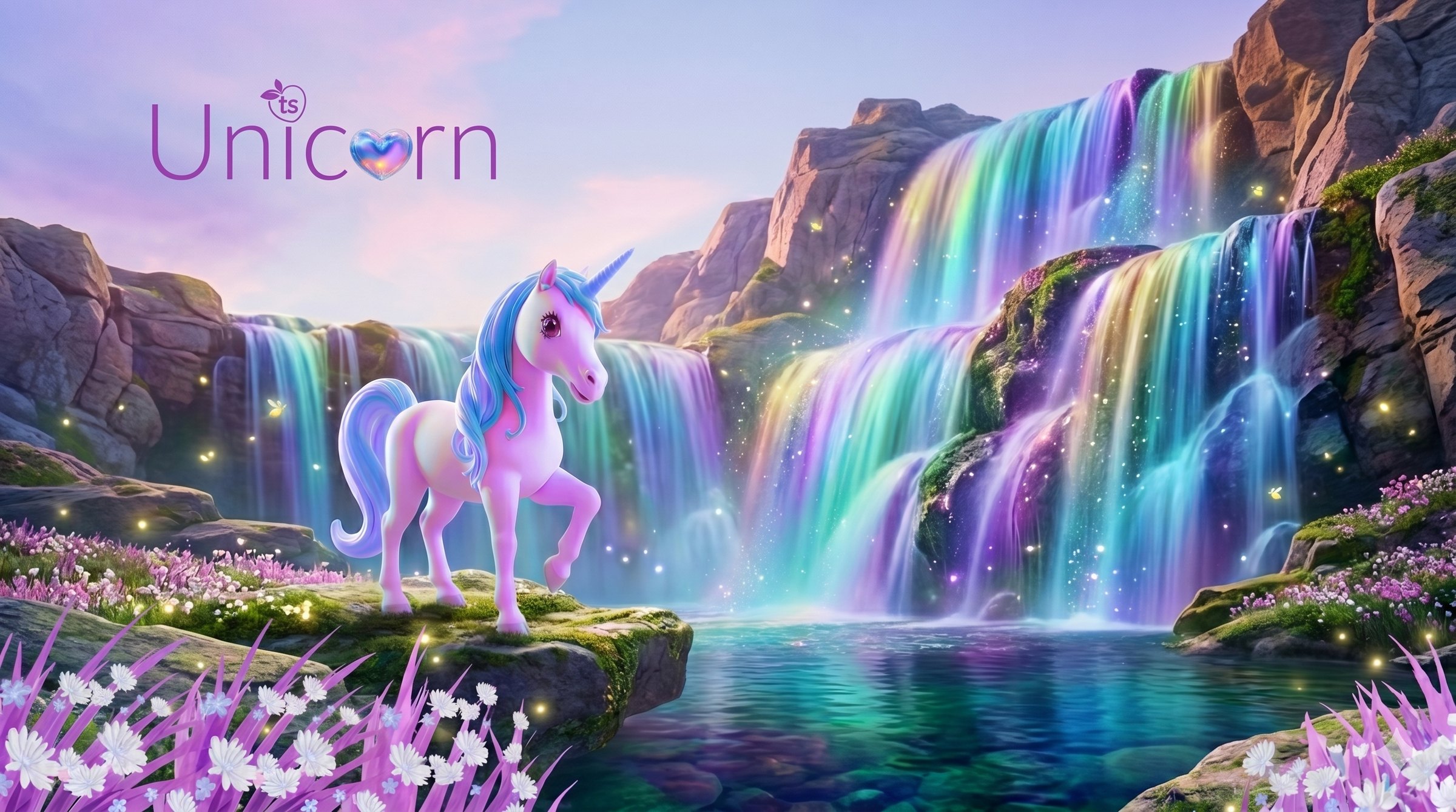 Seraphine standing by a rainbow waterfall in a meadow of violet flowers, with the Unicorn wordmark