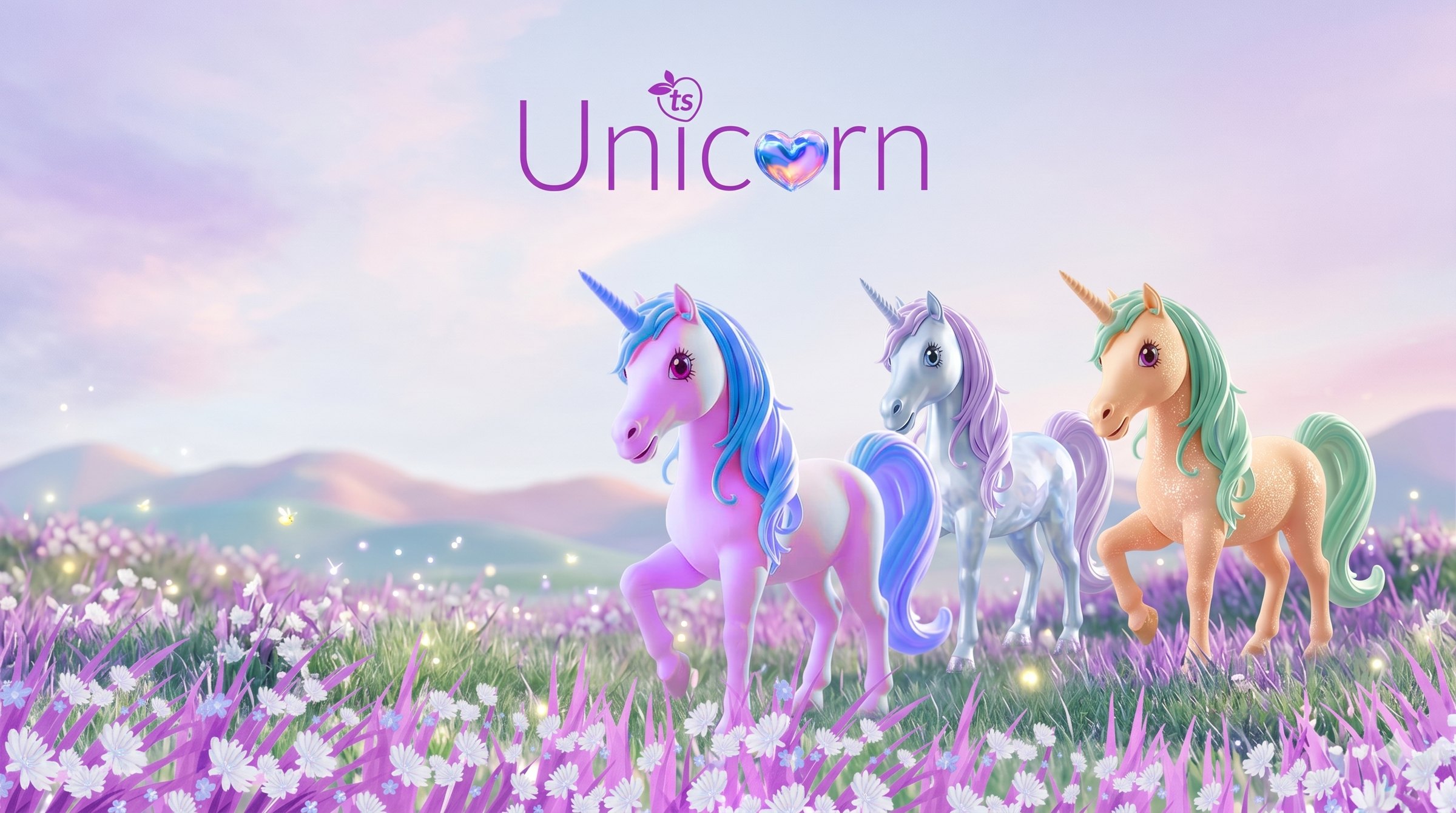 Seraphine, Opaline and Mirabelle walking together through a meadow of violet flowers, with the Unicorn wordmark