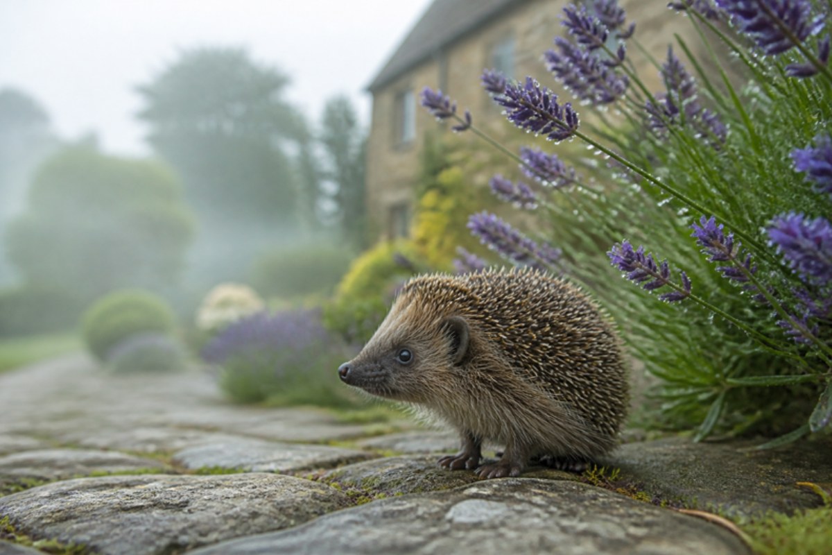 A Cotswolds garden, early mist.